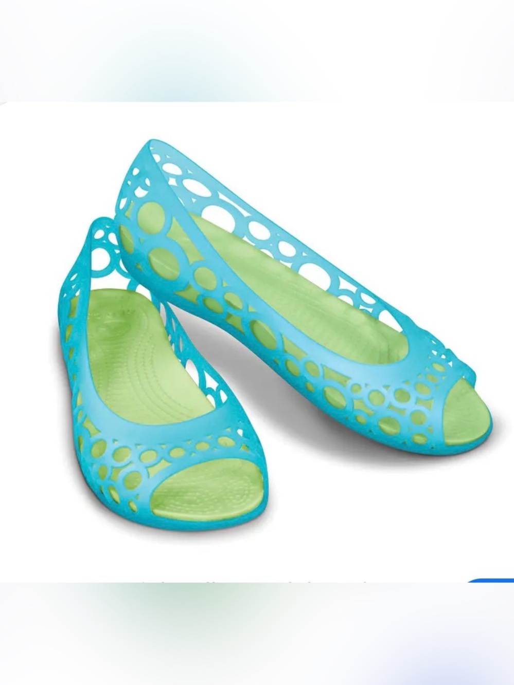 CROCS Aqua Blue Peep-Toe Cutout Flats with Lime Green Insole